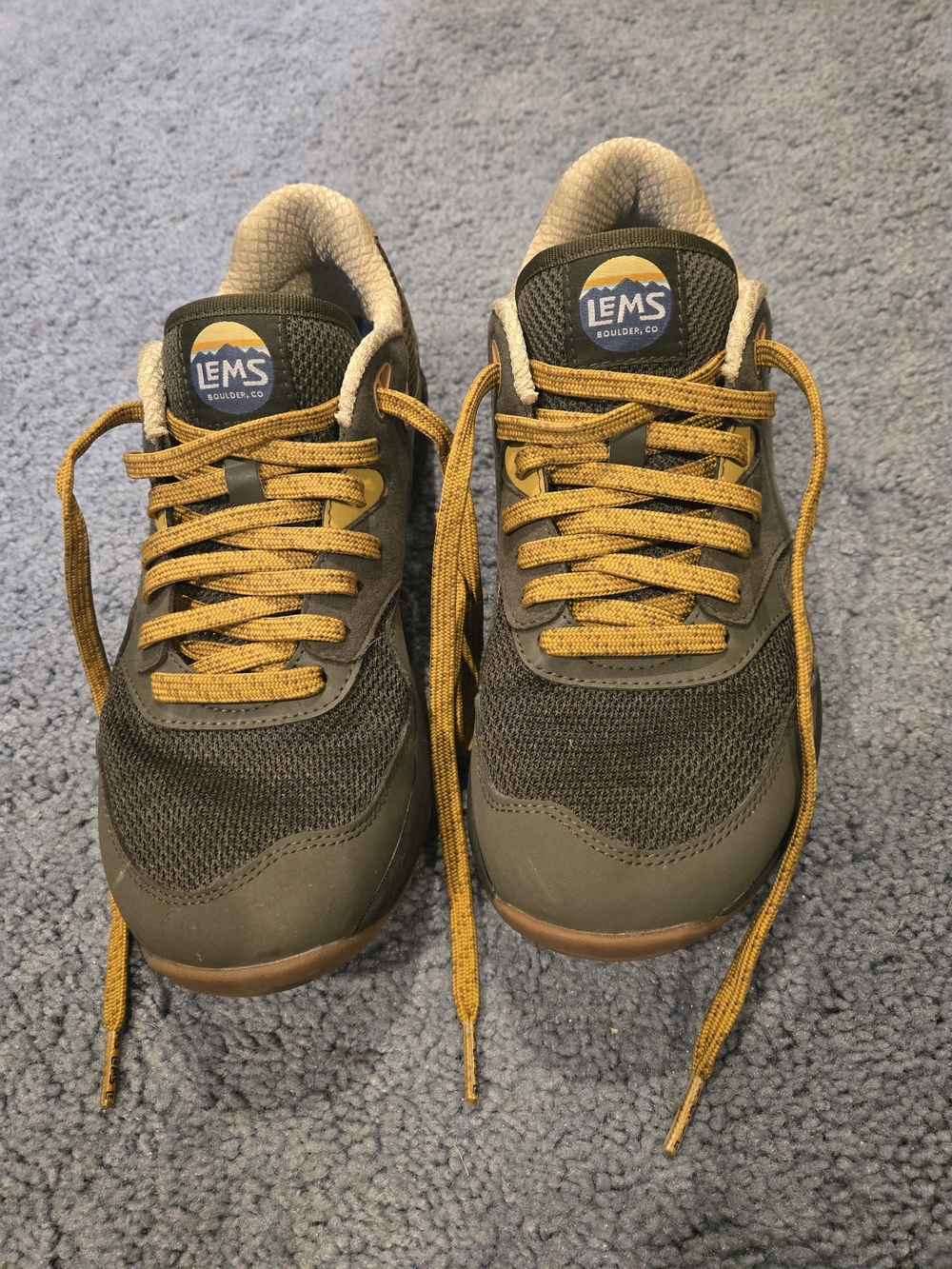LEMS Men’s Olive Green Trailhead Sneakers with Mustard Laces. USM 9